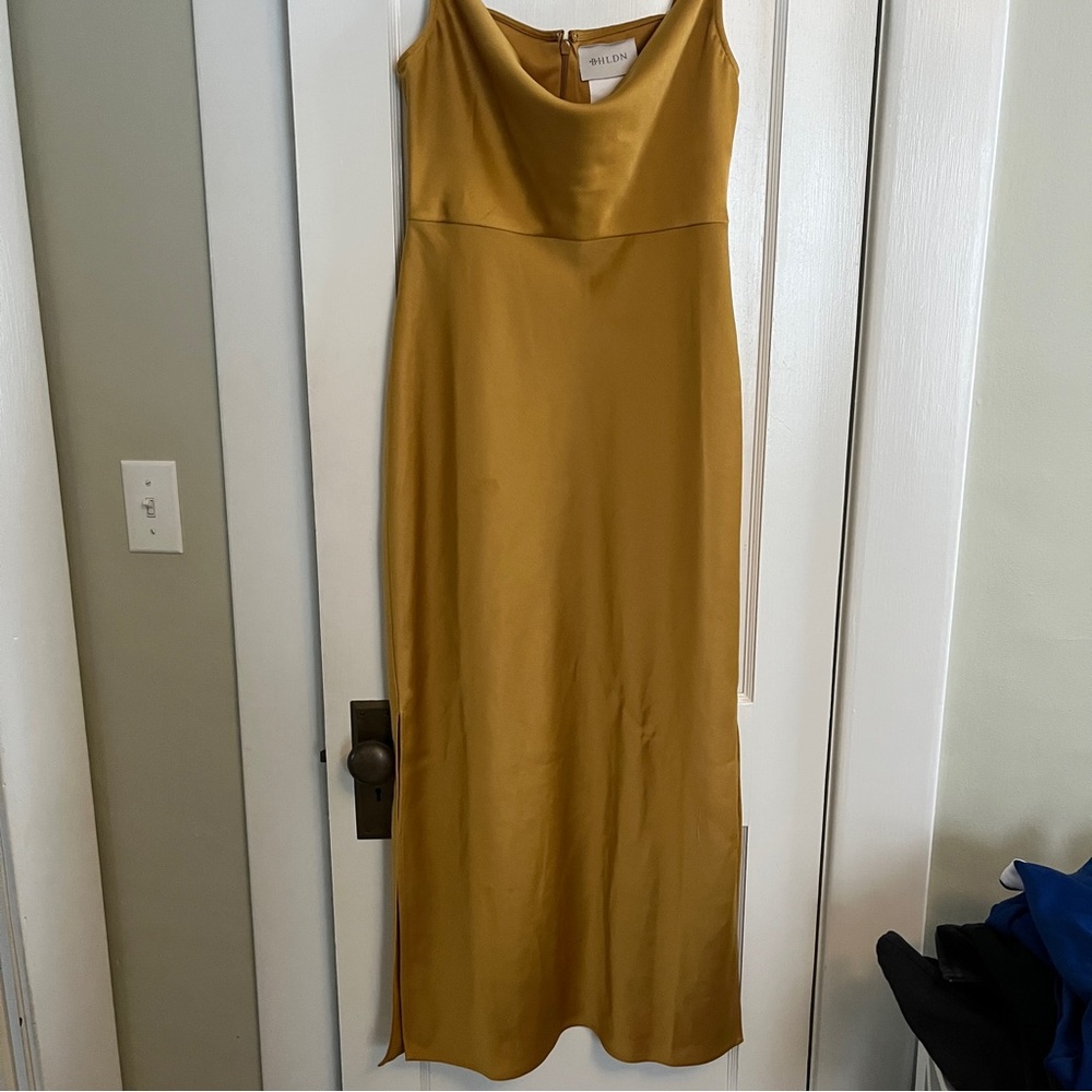 BHLDN Cali Satin Cowl-Neck Midi Slip Dress, marigold